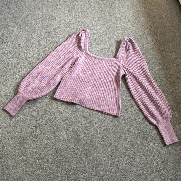 - MinkPink Saeeda Square Neck Knit Stretchy Pink Lavender Puff Sleeves MED  - 1H - Picture 5 of 8